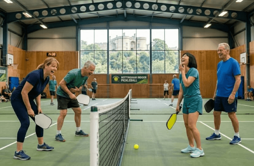 People laughing and playing pickleball during an indoor session in Nottingham